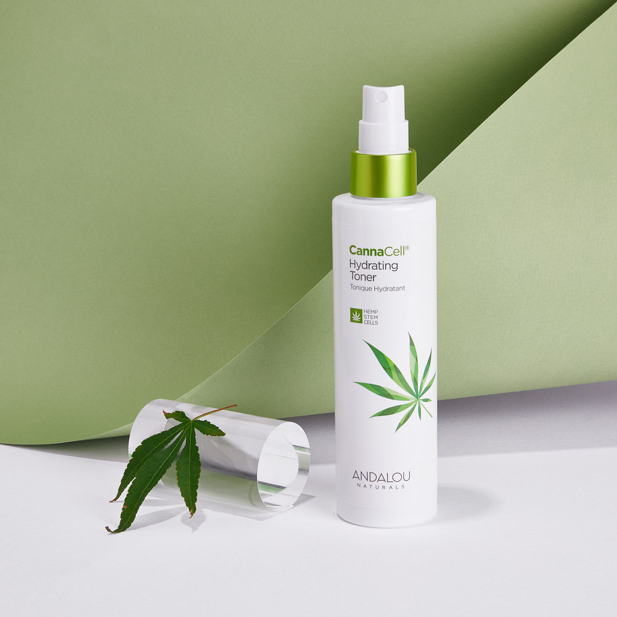 Spray bottle of CannaCell Hydrating Toner from Andalou Naturals with glass tube.