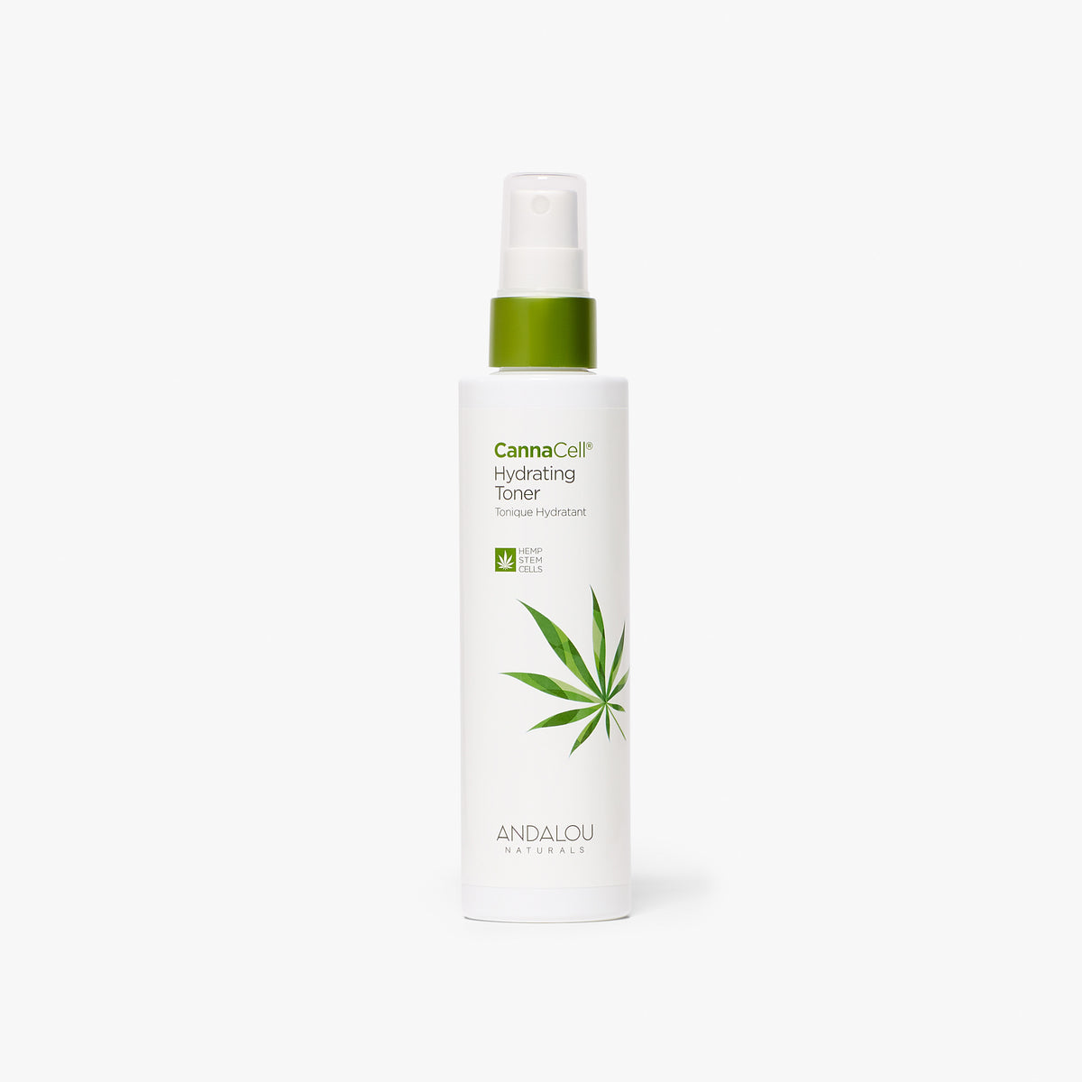 Spray bottle of CannaCell Hydrating Toner by Andalou Naturals on white background.